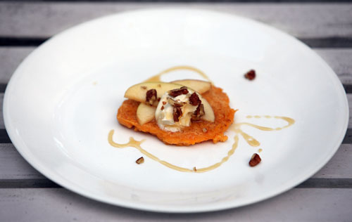 Butternut squash cakes topped with pecans honey apples and mascarpone cheese